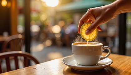 Hand squeezing lemon over steaming tea in cozy café, warmth and comfort