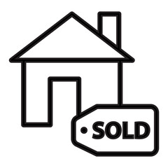 Outline drawing of a classic house with a pitched roof, a chimney, and two rectangular windows with a 