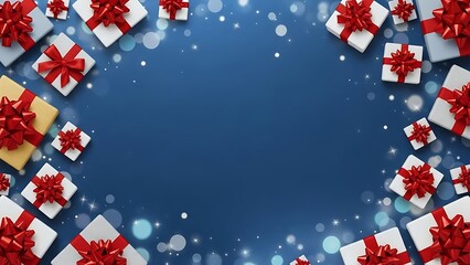 Obraz premium Festive gift boxes with red bows on a shimmering blue background
