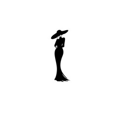 Fototapeta premium Elegant Woman Silhouette Decal - Mermaid Gown & Wide-Brim Hat - Solid Black Vinyl