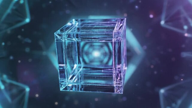 Abstract futuristic glass cube structure with glowing lines rotating on an animated geometric background