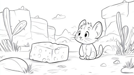 Cute cartoon cat observing cheese in desert scene