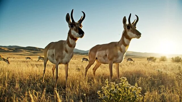 Two pronghorn antelope stand tall in golden field with herd grazing under blue sky at sunrise