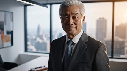 Confident senior executive in formal suit smiles at the camera in a modern office with cityscape background