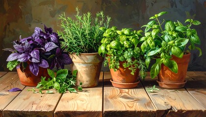Assortment of potted culinary herbs on a wooden surface captured in soft light