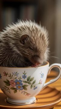 Cute Hedgehog Sleeping In Floral Teacup With Sunlight Rays On Wooden Table
