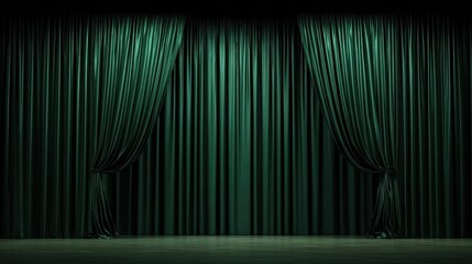 Green velvet curtain stage with a lone spotlight, suitable for podcast backgrounds, webinar intros, or concepts of anticipation and show business.
