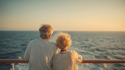 Fototapeta premium Couple of older people are standing on a boat and looking out at the ocean. Scene is peaceful and romantic
