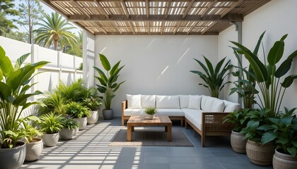 Serene Modern Patio Oasis with Lush Greenery and Comfortable Outdoor Seating Under a Slatted Pergola