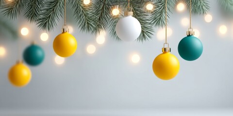 Merry Christmas, celebration decoration holiday banner template greeting card - hanging christmas baubles balls ornaments and christmas tree fir branches