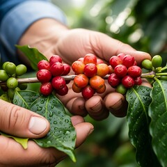 Hand Holding Ripe Coffee Cherries on Branch.