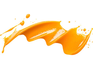 Naklejka premium Bright mango puree splash captured in dynamic motion, ideal for juice ads, tropical drink branding, summer promotions, and energetic food compositions.