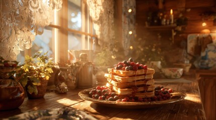Fototapeta premium Warm and Cozy Breakfast Scene with Stack of Waffles Topped with Berries and Syrup in Rustic Kitchen Environment