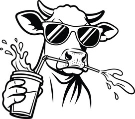 Black and white cow wearing sunglasses drinking from a cup