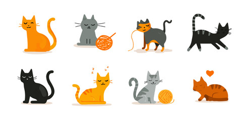 Fototapeta premium A charming collection of various cartoon cats showcasing different colors and playful moods