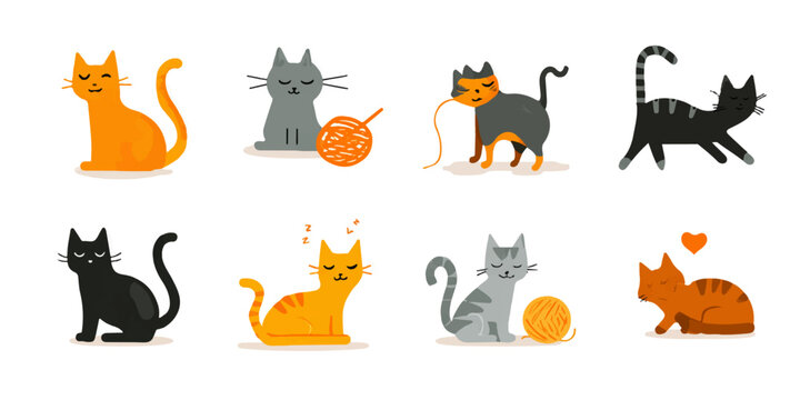 A charming collection of various cartoon cats showcasing different colors and playful moods