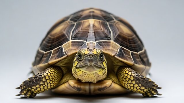 Closeup of a turtle with detailed shell patterns on a plain background
