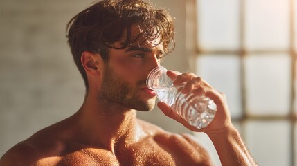 Man is drinking water from a bottle. The bottle is clear and the water is cold. The man is wearing a shirtless shirt and he is sweating