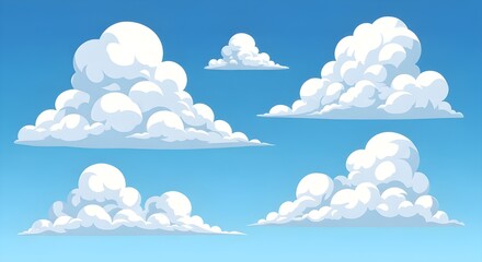 Six fluffy cartoon cumulus clouds floating in a clear blue sky.