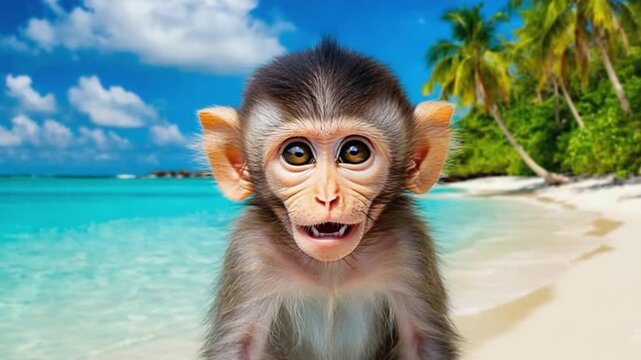 Close up of a baby monkey on a tropical beach with palm trees and a clear blue sky background monkey video