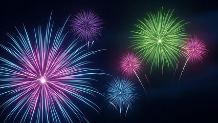 Fototapeta premium Vibrant stylized neon fireworks bursts in blue green and pink