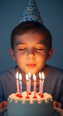 Boy Blowing Out Birthday Candles with Eyes Closed.