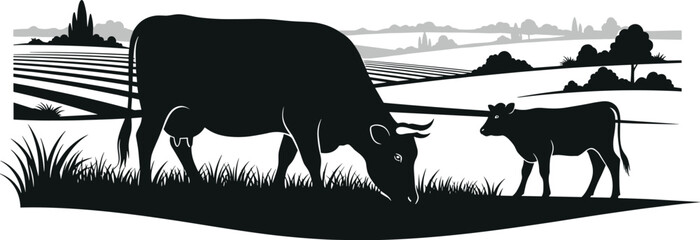 Cow and calf silhouette grazing in farmland landscape, rural countryside illustration, agricultural livestock scene, black and white farm vector art © LineCraft Studios