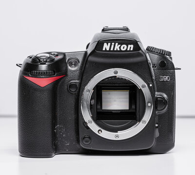 Gothenburg, Sweden - February 08 2025: front view of nikon d90 dslr camera without lens.
