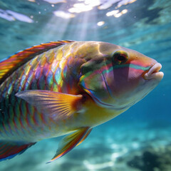 Iridescent Tropical Fish Swimming in Crystal Clear Ocean