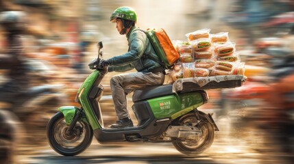 Delivery rider on electric scooter transporting food packages through busy urban street with motion blur effect