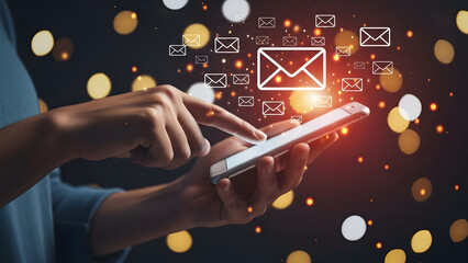 A person interacting with a smartphone and email icons