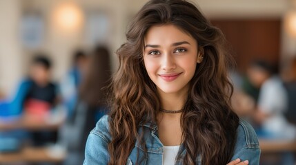 Fototapeta premium A woman with long brown hair is smiling and wearing a blue jacket