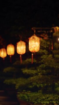 Vertical video. Row of Orange Lanterns Hanging Above Bonsai Trees at Night with Soft Ambient Glow and Wide Angle expressing Festive Garden Concept
