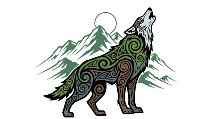 Fototapeta premium Tribal wolf illustration with mountains backdrop featuring intricate decorative patterns.