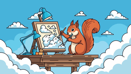 Obraz premium Playful squirrel painting outdoors on a wooden easel under a bright blue sky.