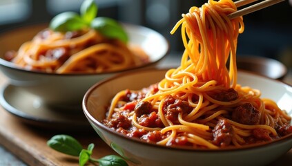 Delicious spaghetti with rich tomato meat sauce served in a bowl with fresh basil