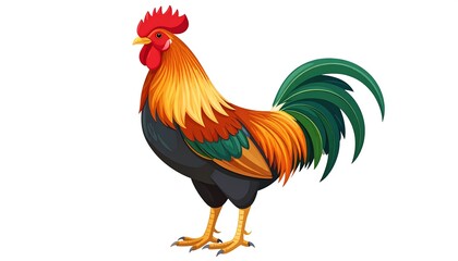 Fototapeta premium Colorful rooster with vibrant orange neck feathers, dark gray body, and green tail standing on a white background