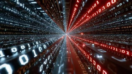 Digital Data Flow: A captivating visual representation of the digital age, with binary code cascading through a tunnel of light, signifying the continuous flow of data. - Powered by Adobe