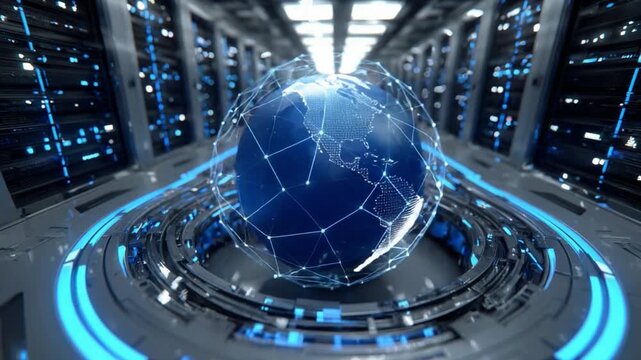 Digital World: A stylized globe, encapsulated by a network of interconnected nodes and lines, floats within a futuristic, high-tech server room.
