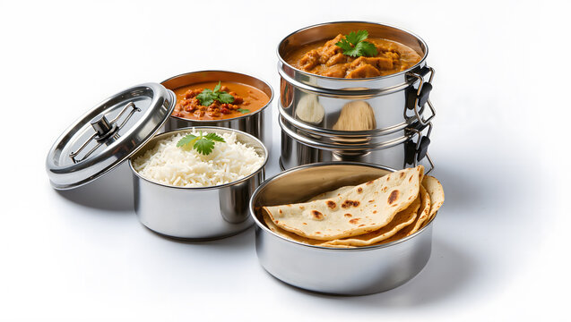 Stainless Steel Tiffin Lunch Box with Traditional Indian Meal