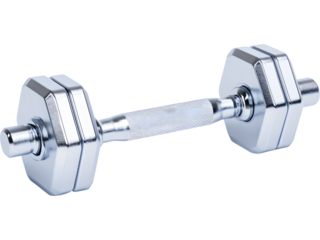 Shiny chrome fitness dumbbell isolated on transparent background. Ideal for gym concepts, strength training visuals, and healthy lifestyle designs.