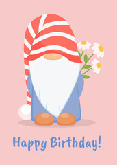 A shy, cute gnome in a striped cap with a bouquet of daisies on his back. Birthday card. Vector illustration.