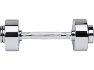 Shiny chrome fitness dumbbell isolated on transparent background. Ideal for gym concepts, strength training visuals, and healthy lifestyle designs.