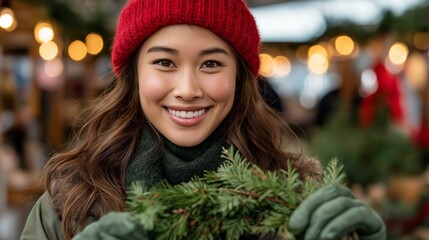 A woman wearing a red hat