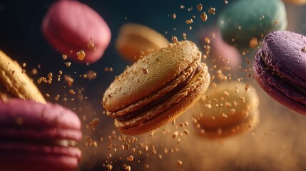 Colorful Macarons in Mid-Air with Crumbs Falling, Capturing the Delightful Essence of Sweet Pastries