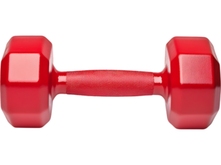 Glossy red dumbbell isolated on transparent background. Ideal for energetic fitness visuals and modern gym branding.