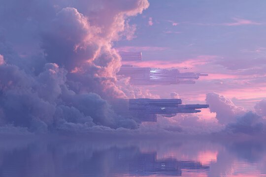 Floating cloud memory reefs storing holographic data drift peacefully in a pastel post-human sky. Futuristic buildings or stuctures floating or flying in pink blue clouds. Weird, extra terrestrial wor