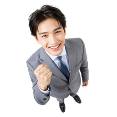 ガッツポーズをするスーツ姿の若いビジネスマン（俯瞰・切り抜き・コピースペース・白バック）