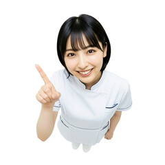 指をさして説明する白衣の若い女性看護師（俯瞰・切り抜き・コピースペース・白バック）