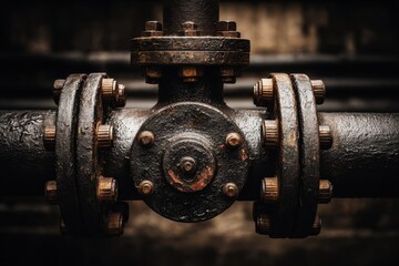 Close up of an industrial steel pipeline flange connection